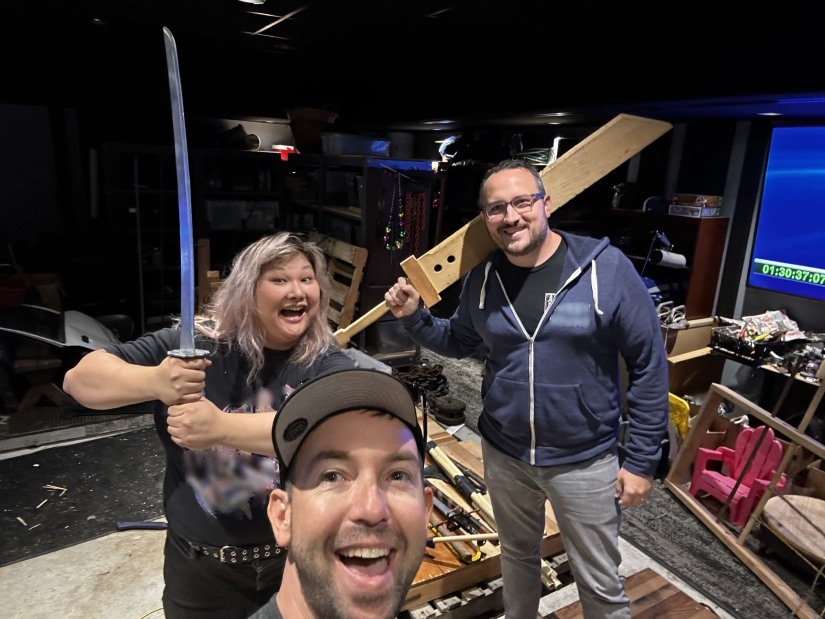 Joanna Fang, Blake Collins, and Josh Lord in the Playstation Foley room in San Diego, CA